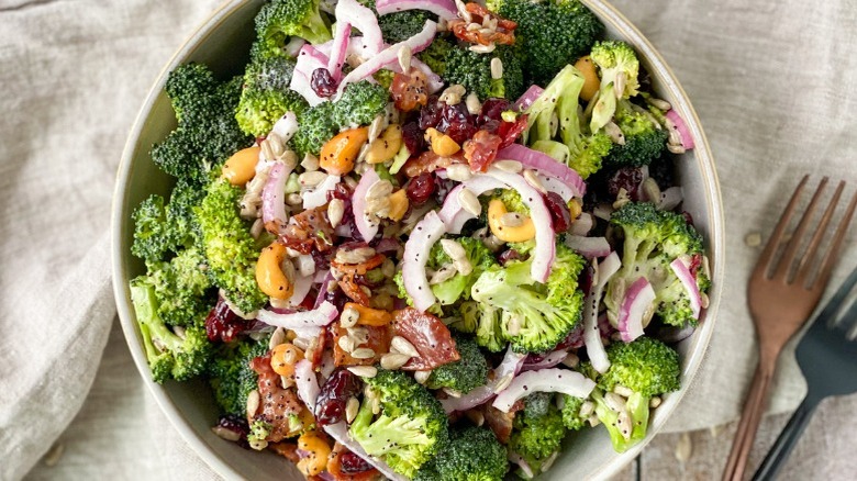 overhead shot of broccoli salad in bowl