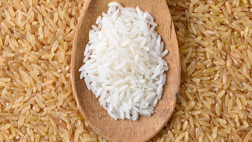 Wooden spoon full of white rice sitting on top of brown rice