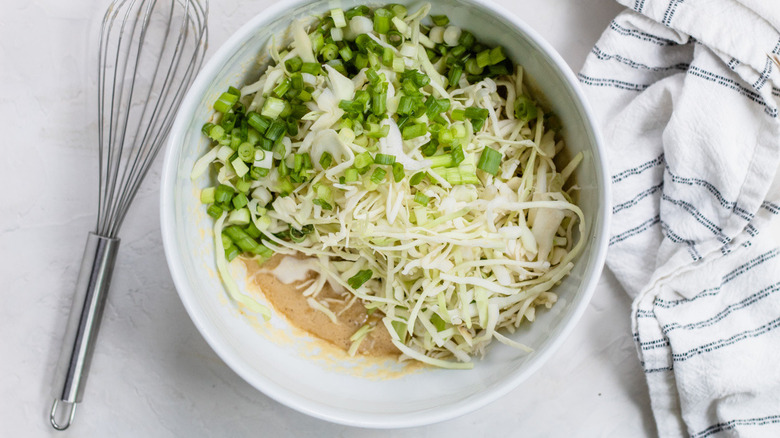 mixing bowl with cabbage pancake ingredients