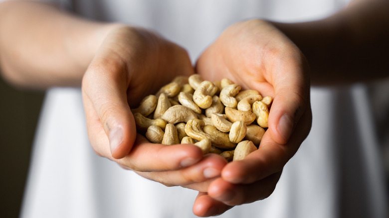 Pair of hands holding cashews
