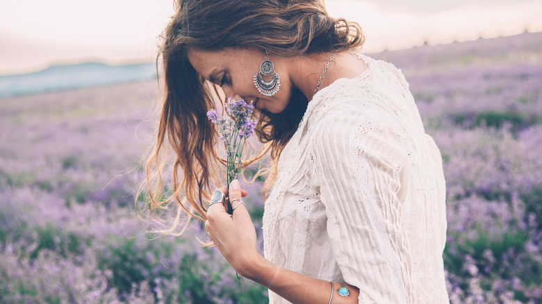 woman in a field smelling a bundle of freshly picked lavender
