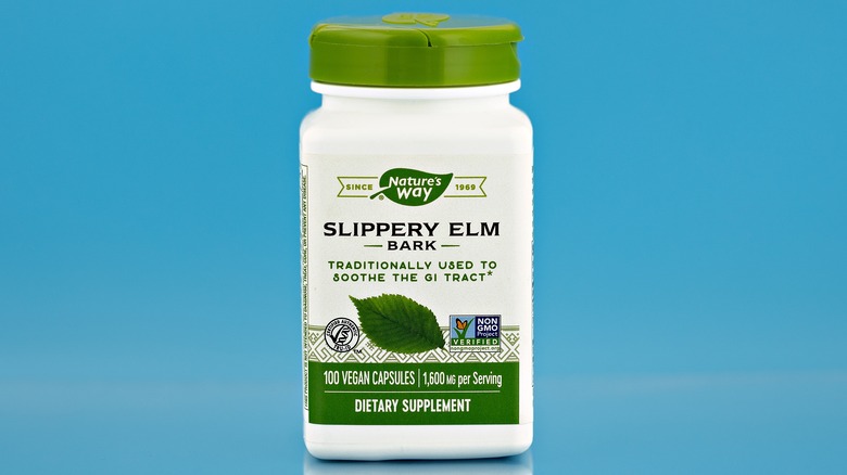 Bottle of slippery elm dietary supplement