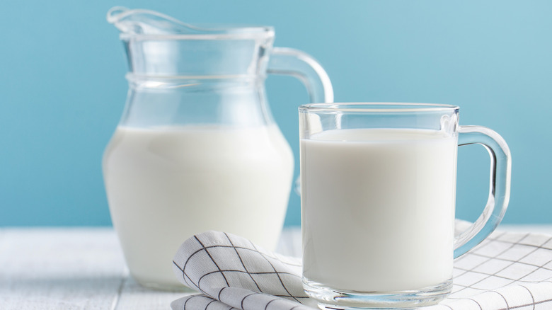 Glass pitcher and mug of milk