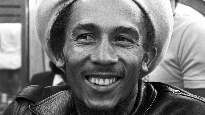 Black and white portrait of Bob Marley