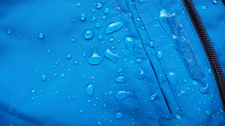 Close up of water droplets on a blue jacket 