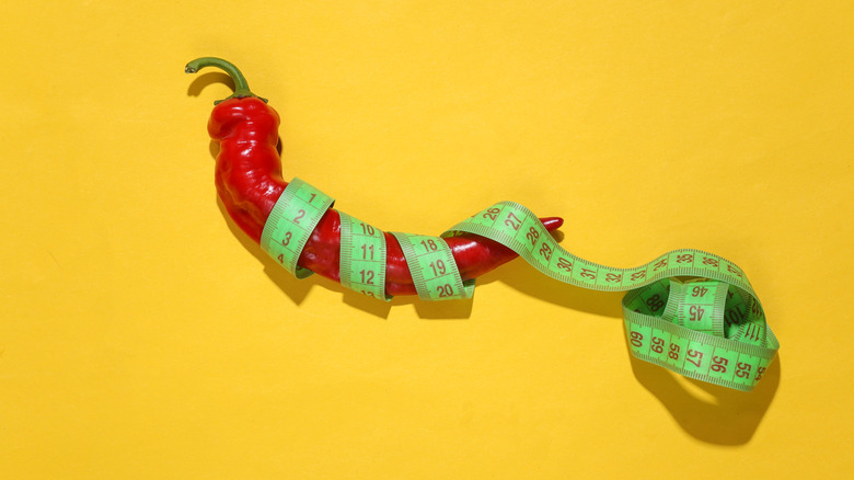 A red chili pepper wrapped in a tape measure against a yellow background