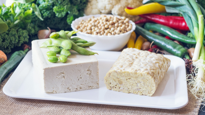 A platter with tofu, edamame and tempeh
