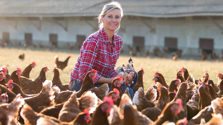 woman among chickens on farm