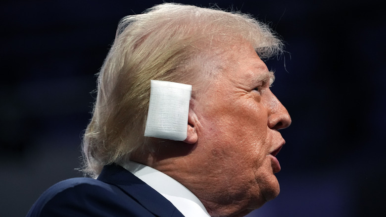 Donald Trump speaking wearing ear bandage