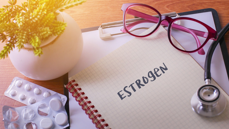 The word estrogen written in a notebook