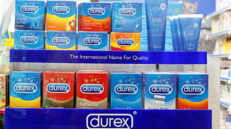 Boxes of condoms in a display box