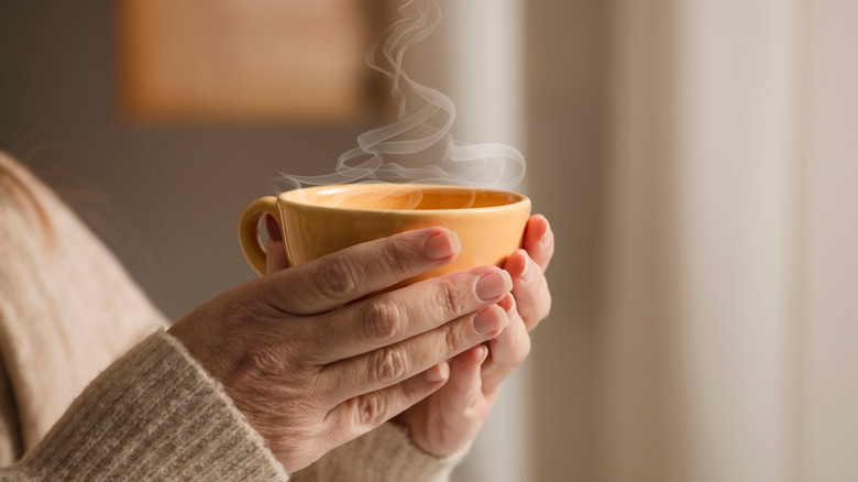 hands holding steaming cup of tea