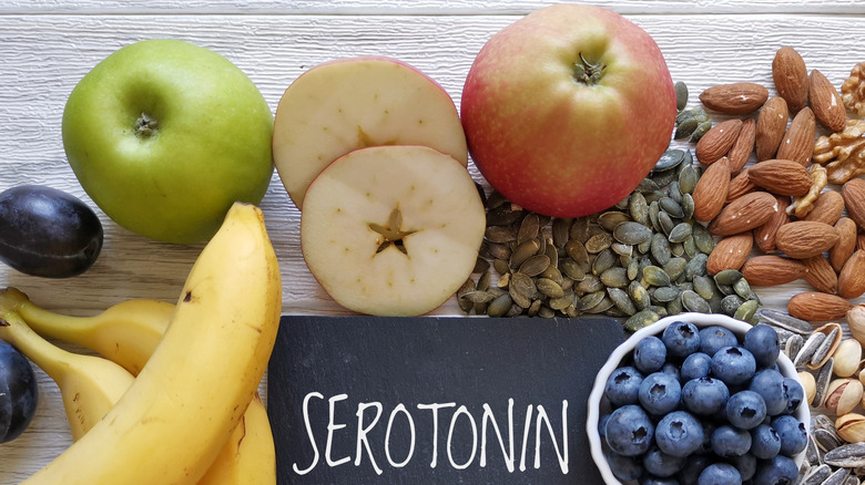 Serotonin-rich foods around a card reading Serotonin