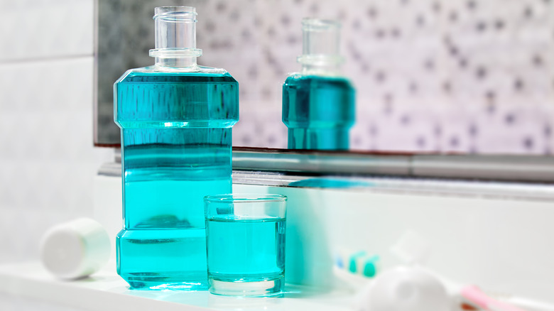 Mouthwash in bottle on counter