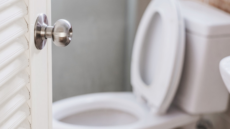 Open bathroom door with blurry toilet