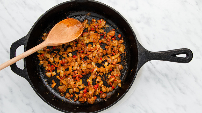 Cooked vegetables in cast iron pan