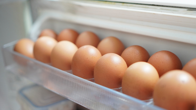 woman's hands holding carton of eggs