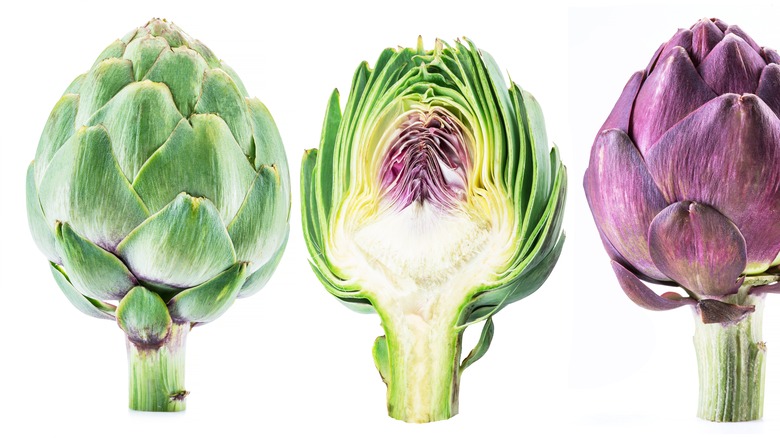 Whole and halved artichokes