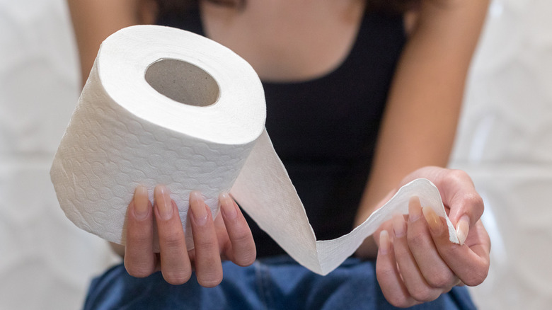 Hands holding roll of toilet paper