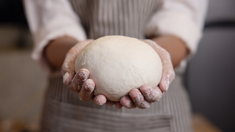 Woman's hands holding unbaked bread dough