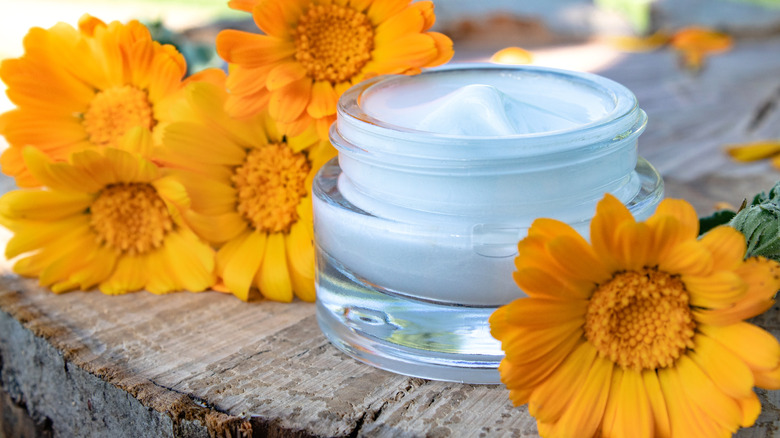 Pot of ointment surrounded by calendula flowers