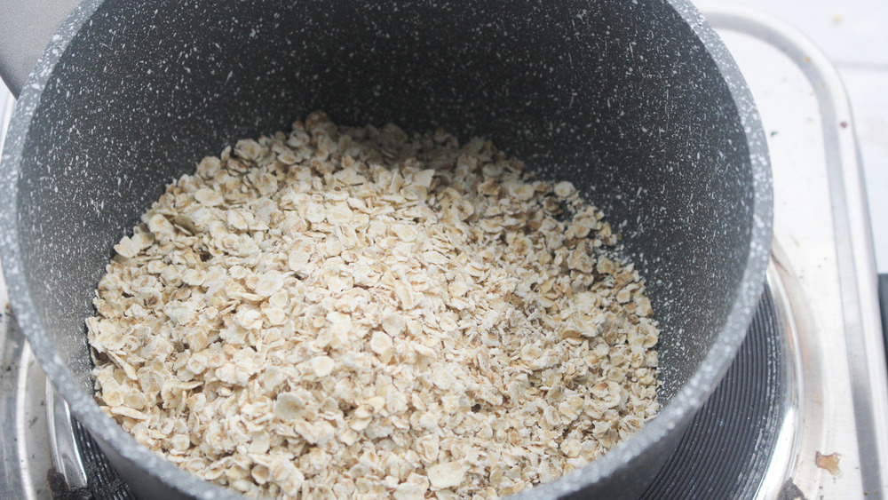 oats in a pot on a stove for egg white oatmeal