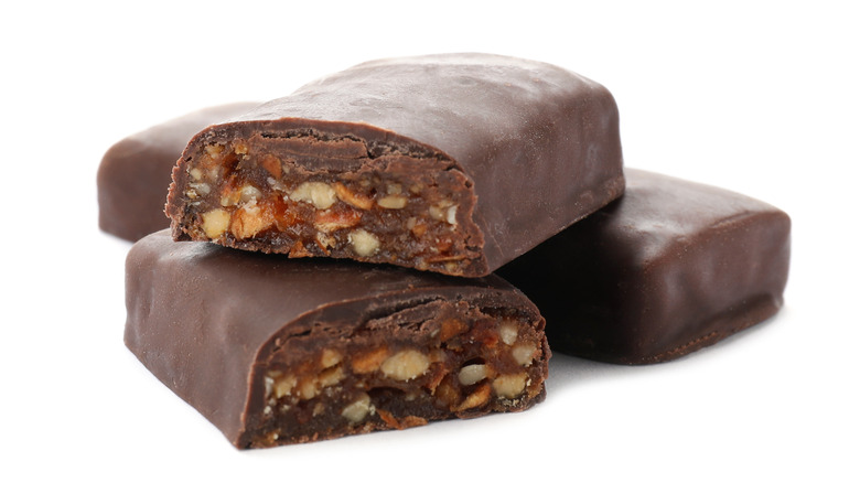 Protein bar coated in chocolate
