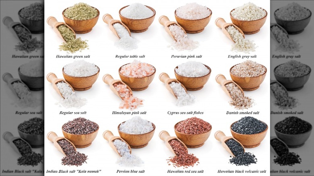 chart of twelve varieties of salt in bowls with pestles  