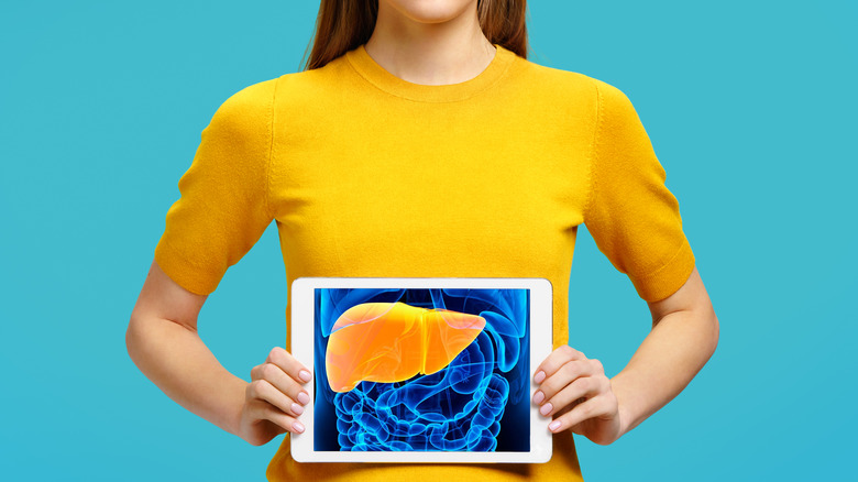 girl holding up x-ray image of the liver