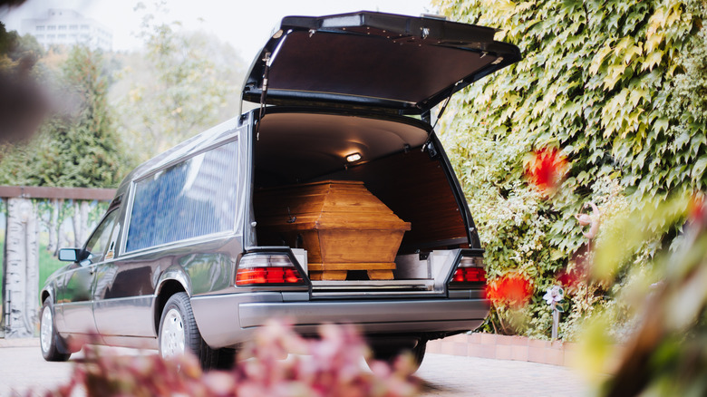 Coffin inside a hearse