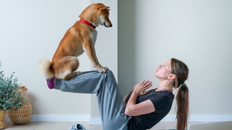 Woman using dog as free weight