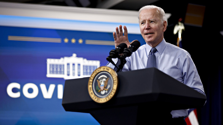 U.S. President Joe Biden speaks about America's response to Covid-19 in the Eisenhower Executive Office Building in Washington, D.C., U.S., on Wednesday, March 30, 2022. 