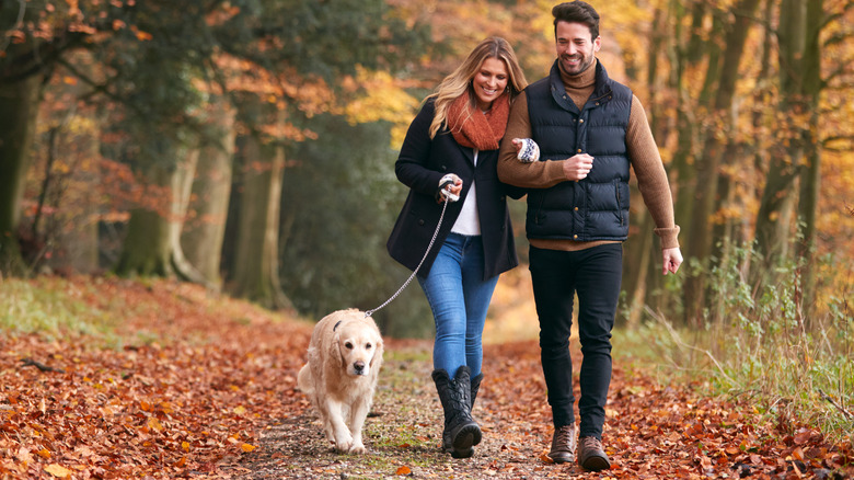 Smiling man and woman walking dog