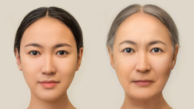 young and old woman showing aged face