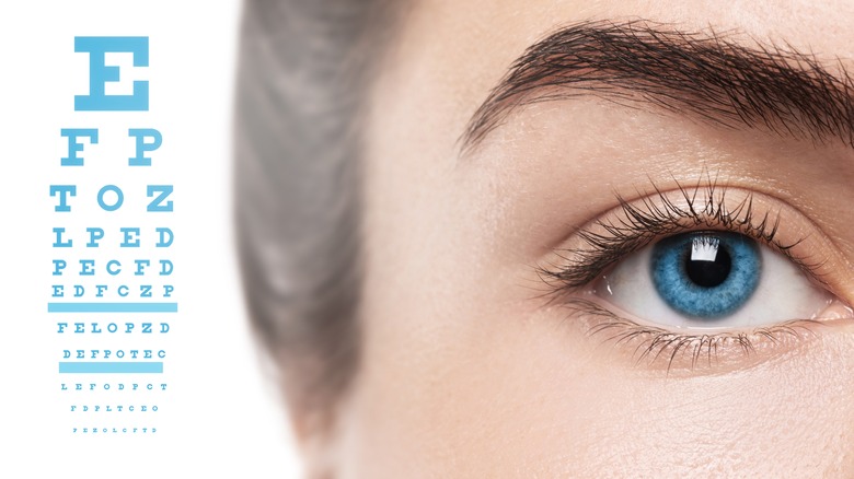 woman's blue eye with eye chart 