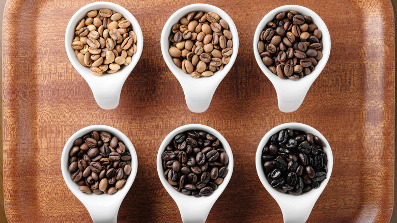 cups with varied roasted coffee beans