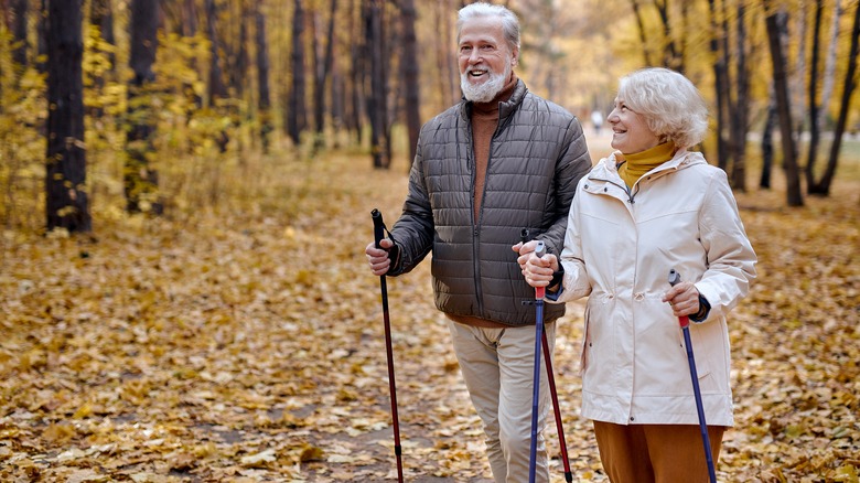 An elderly couple Nordic walking