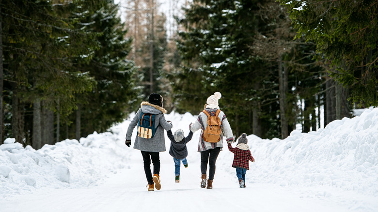 Family walking through the snow