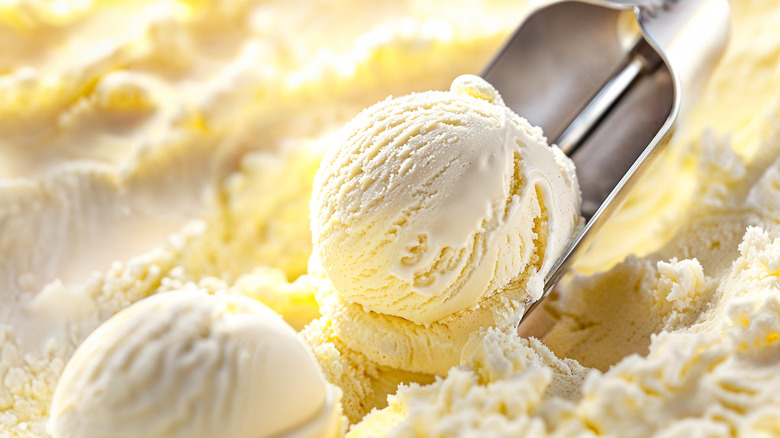 An ice cream scoop digging into a vanilla ice cream tub