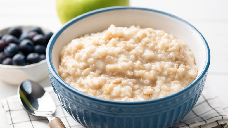 bowl of oatmeal porridge with blueberries