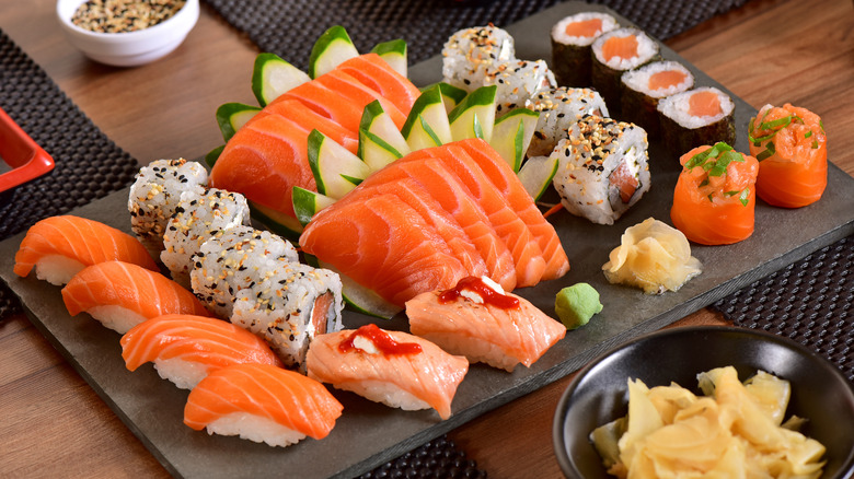 plate of Japanese sushi and sashimi
