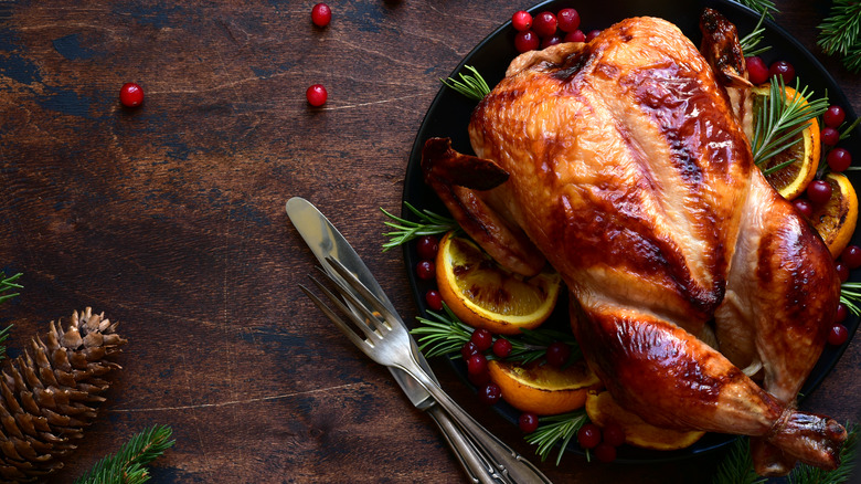 roasted chicken on a holiday platter