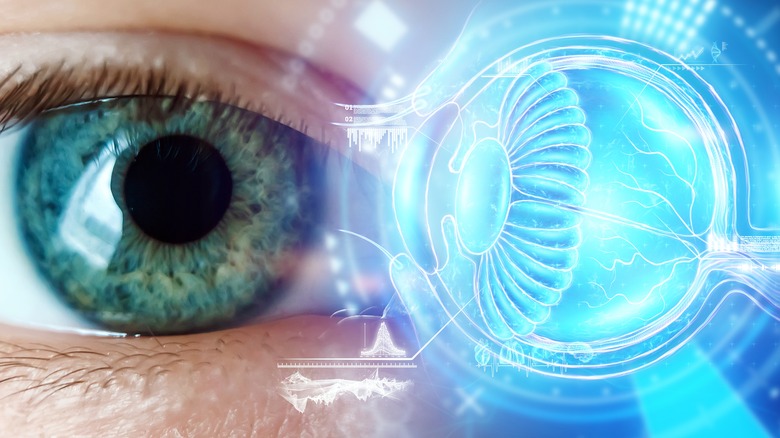 Closeup of eye with holographic image beside it