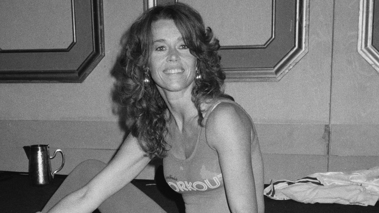 Jane Fonda wearing workout gear, 1982