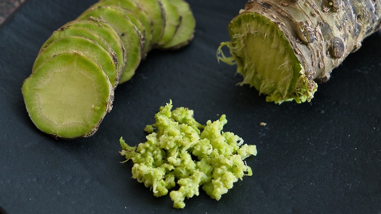 Wasabi in three forms on a black plate