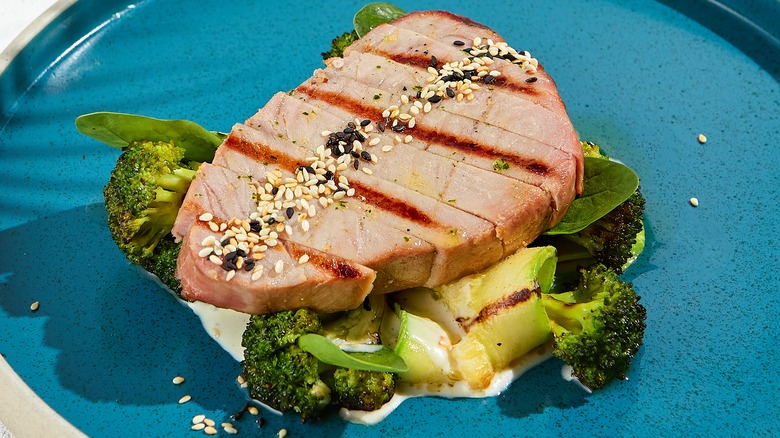 tuna steak on vegetables