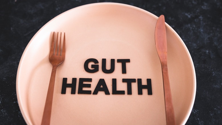 Empty bowel with knife and fork that says gut health