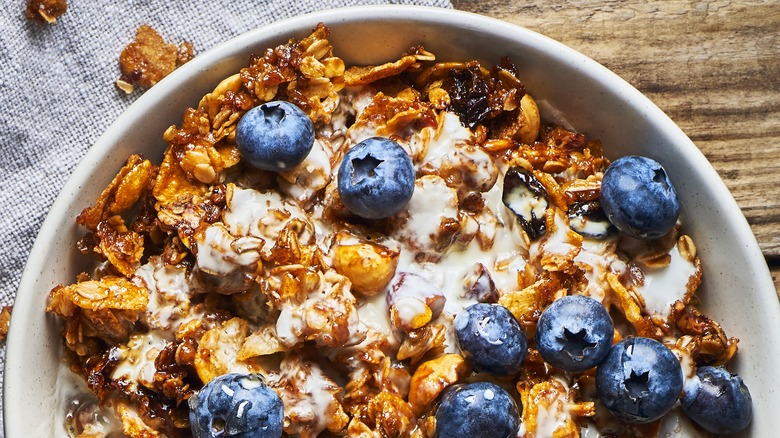 granola and blueberries in bowl