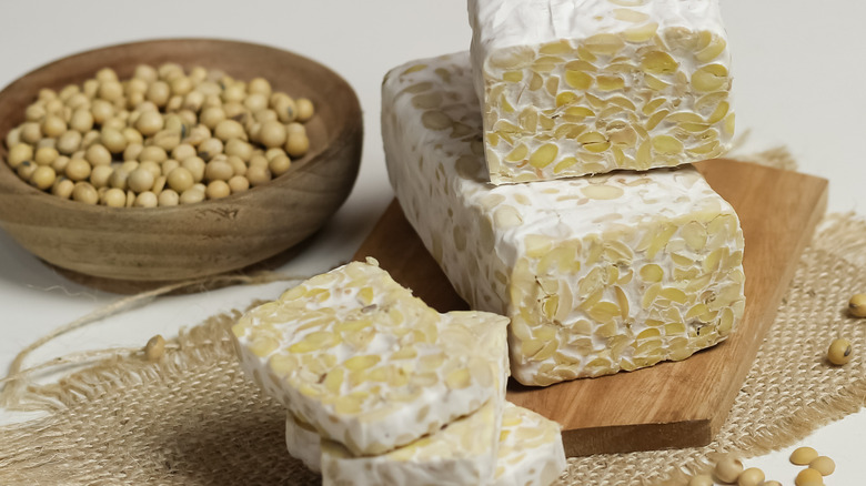 tempeh and soybeans with white background