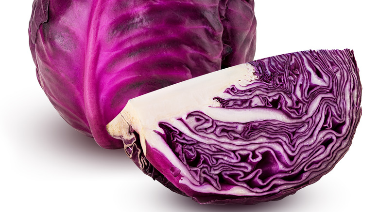 red cabbage head next to wedge